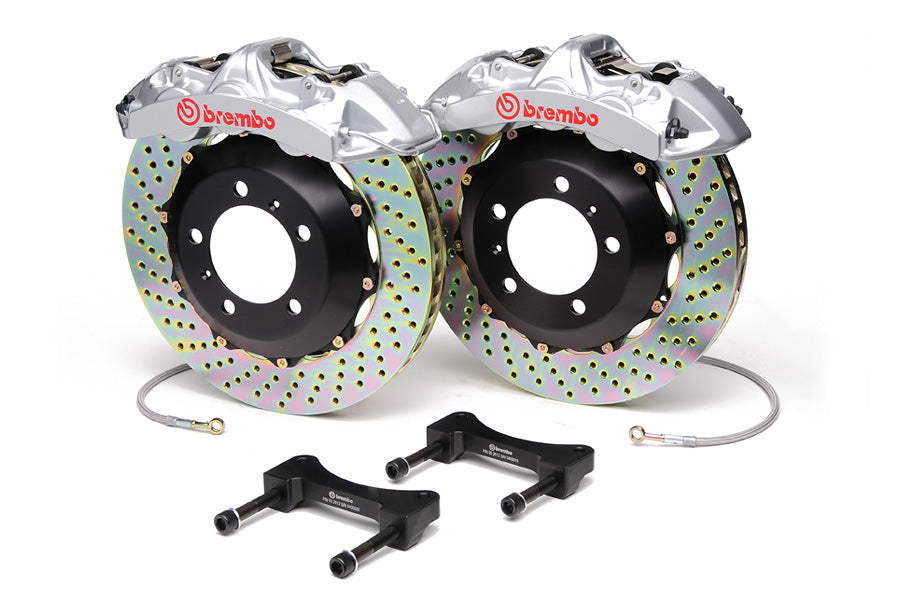 Brembo Gran Turismo 6 Piston Front Brake Kit Silver Drilled Rotors - 2003-2006 Mitsubishi Evo 8/9
