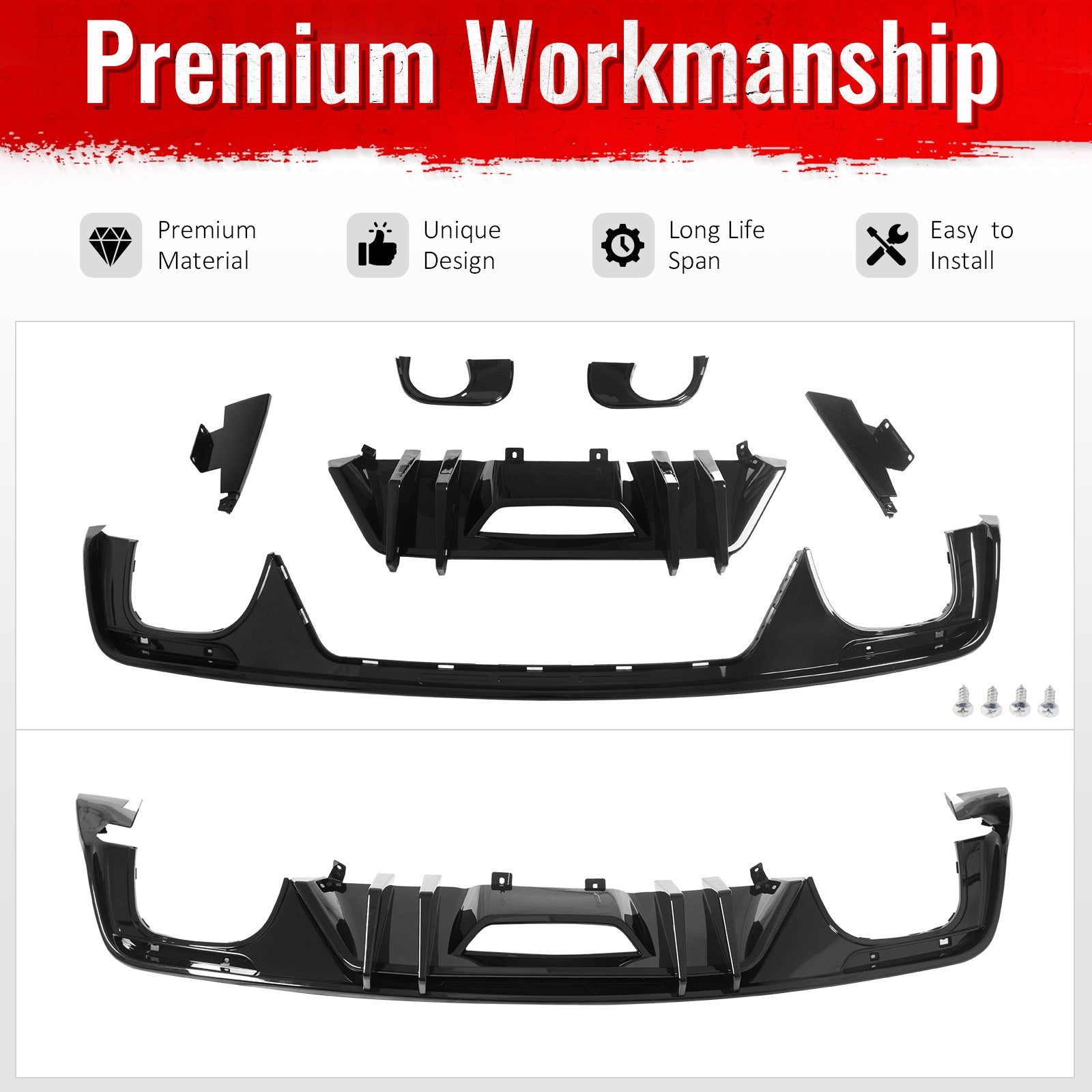 2015-2017 Ford Mustang Competition Rear Diffuser Bumper Gloss Black PP