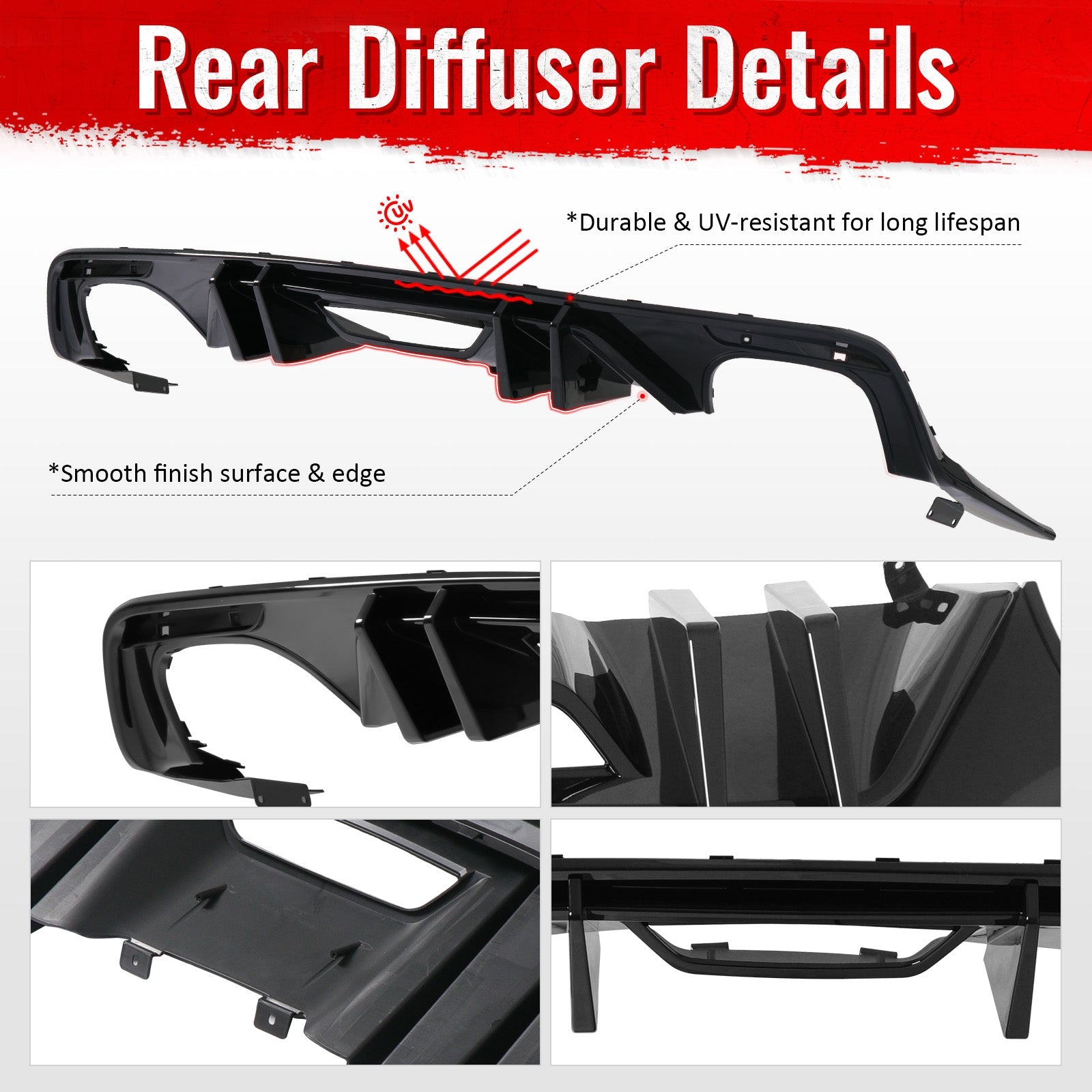 2015-2017 Ford Mustang Competition Rear Diffuser Bumper Gloss Black PP