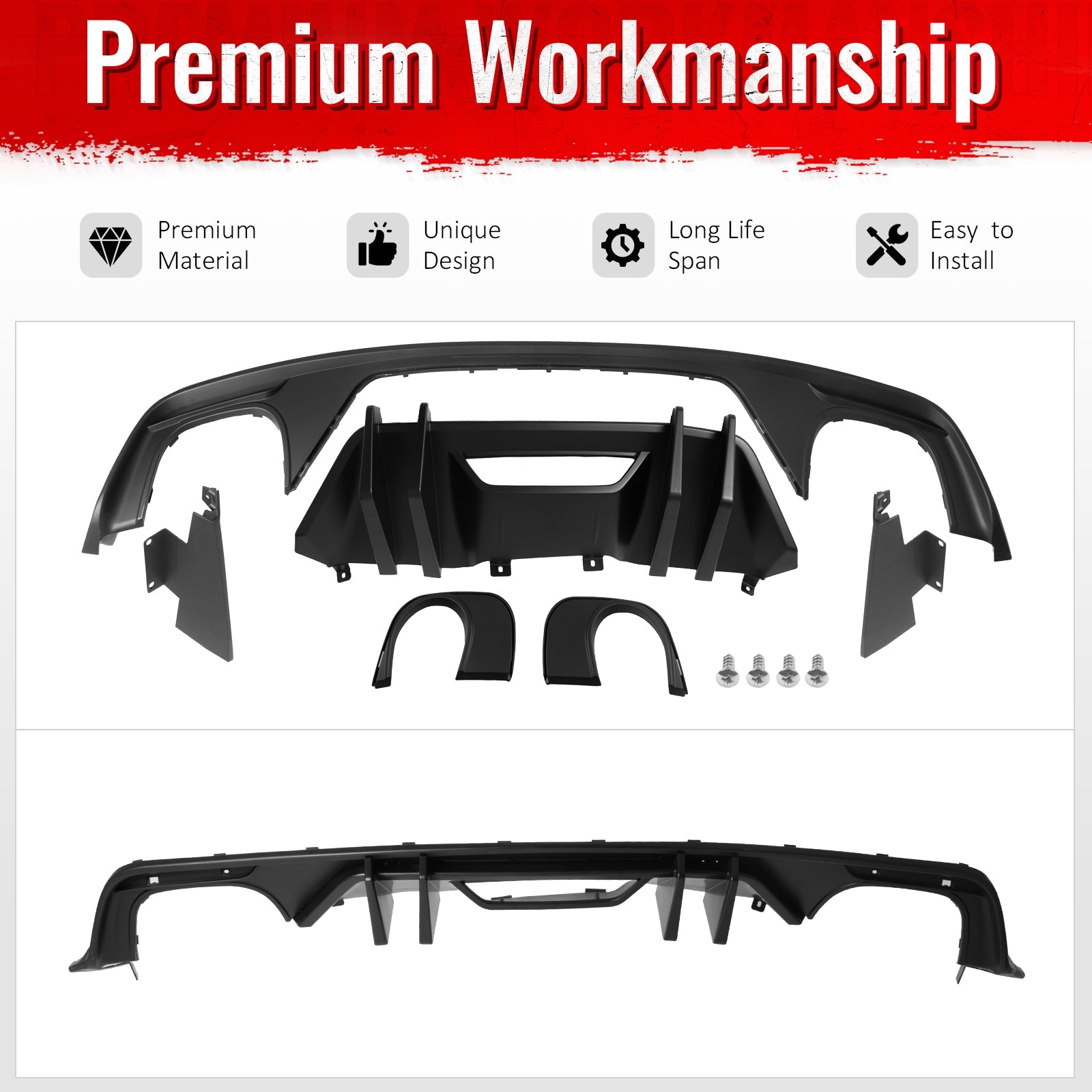 2015-2017 Ford Mustang Competition Rear Diffuser Bumper Matte Black PP