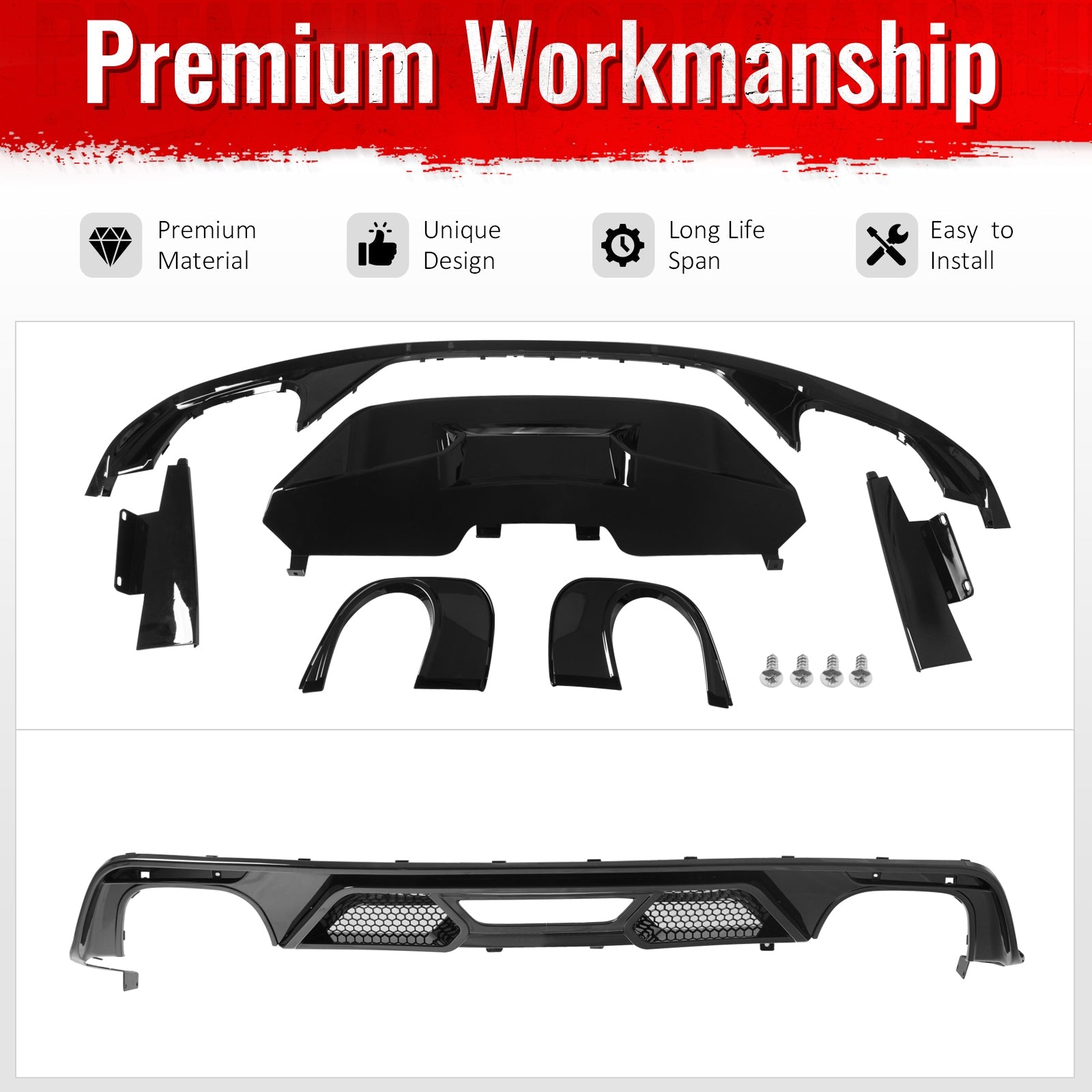 2015-2017 Ford Mustang GT500 Style Rear Diffuser Bumper Gloss Black PP
