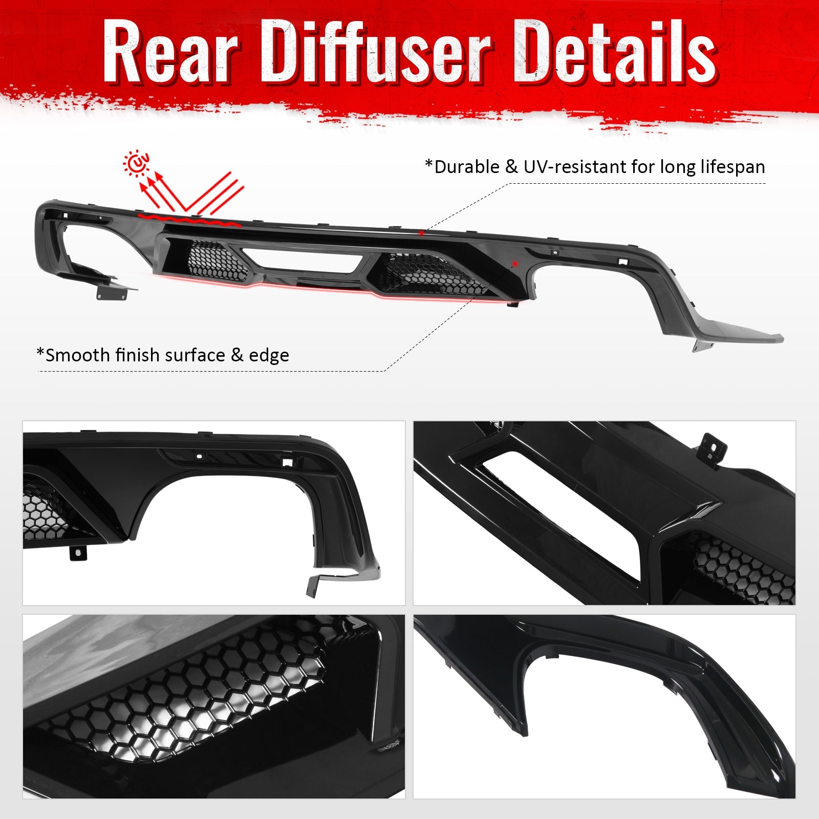2015-2017 Ford Mustang GT500 Style Rear Diffuser Bumper Gloss Black PP