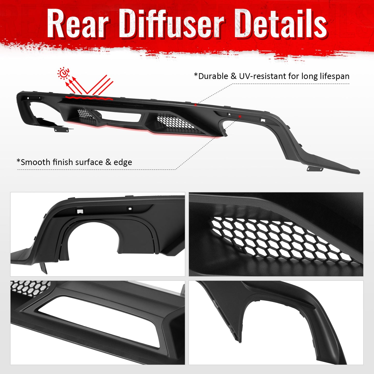 2015-2017 Ford Mustang GT500 Style Rear Diffuser Bumper Matte Black PP