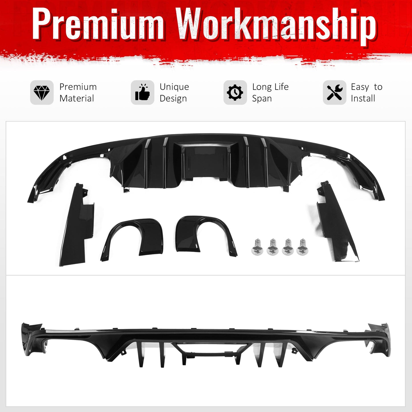 2015-2017 Ford Mustang Rock Style Rear Bumper Diffuser Gloss Black PP