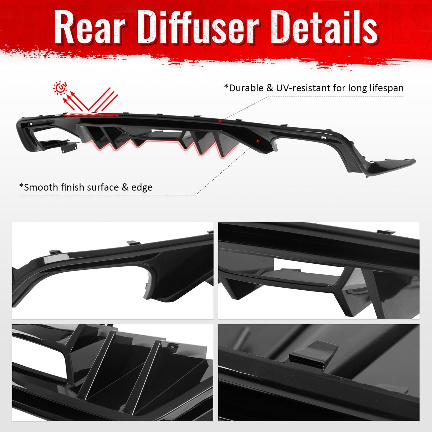 2015-2017 Ford Mustang Rock Style Rear Bumper Diffuser Gloss Black PP