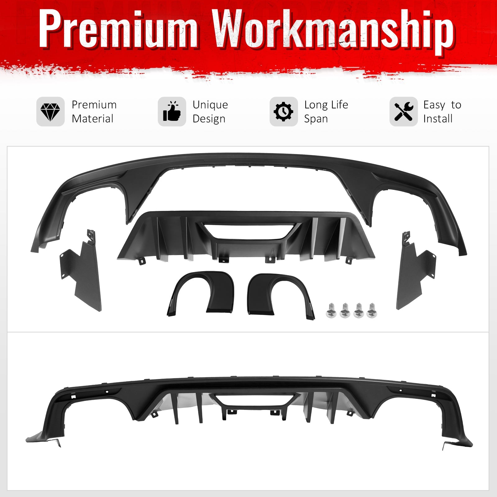 2015-2017 Ford Mustang Rock Style Rear Bumper Diffuser Matte Black PP