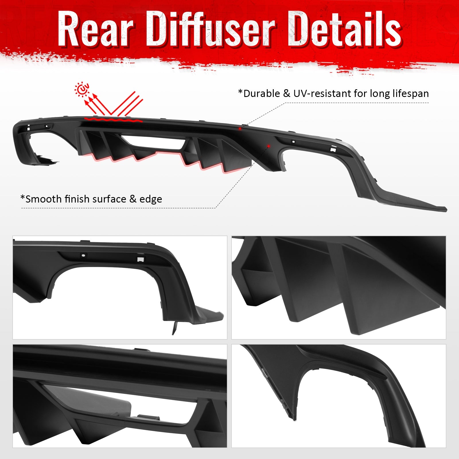 2015-2017 Ford Mustang Rock Style Rear Bumper Diffuser Matte Black PP