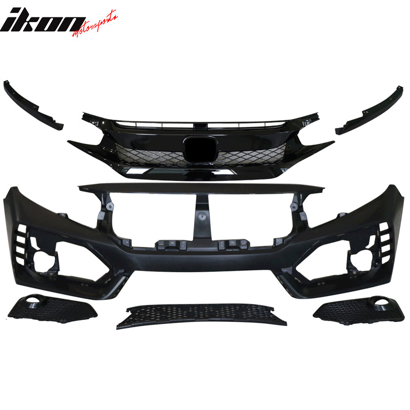 2016-2021 Honda Civic Type-R Front Bumper + Grille + Lip Gloss Black