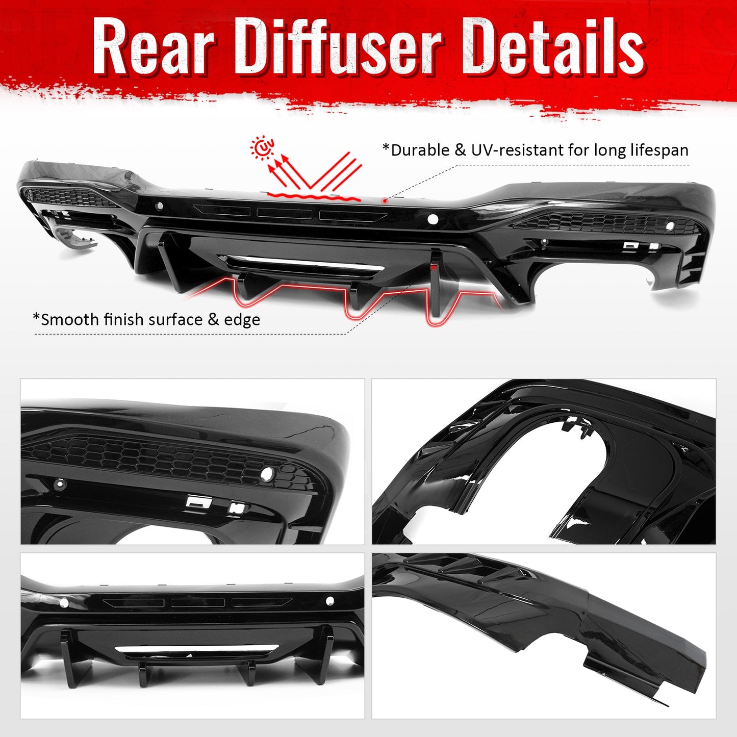 2024-2026 Ford Mustang Rear Bumper Diffuser Competition Style Gloss Black