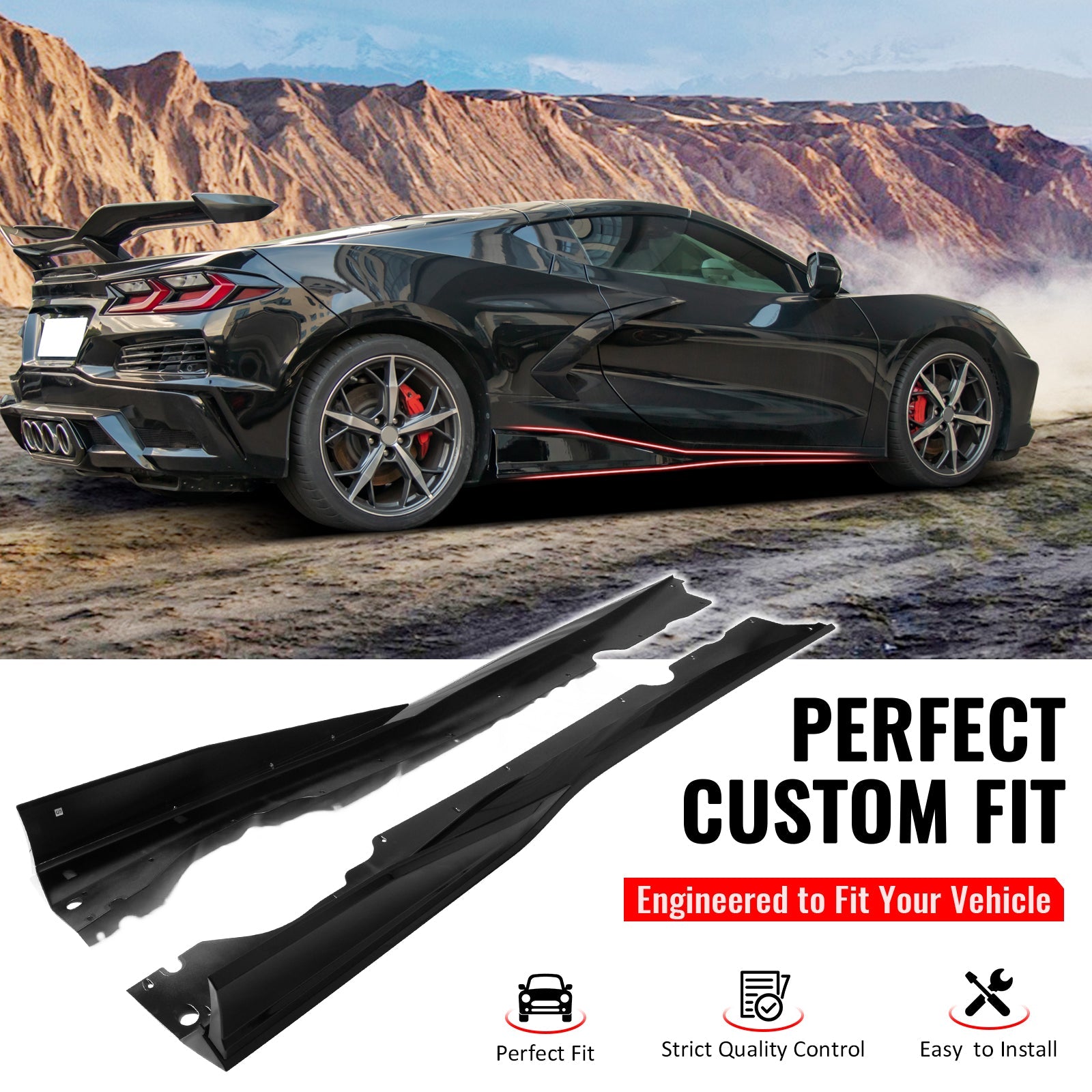 2020-2025 Chevy Corvette C8 IKON V1 A Style Gloss Black Side Skirts PP