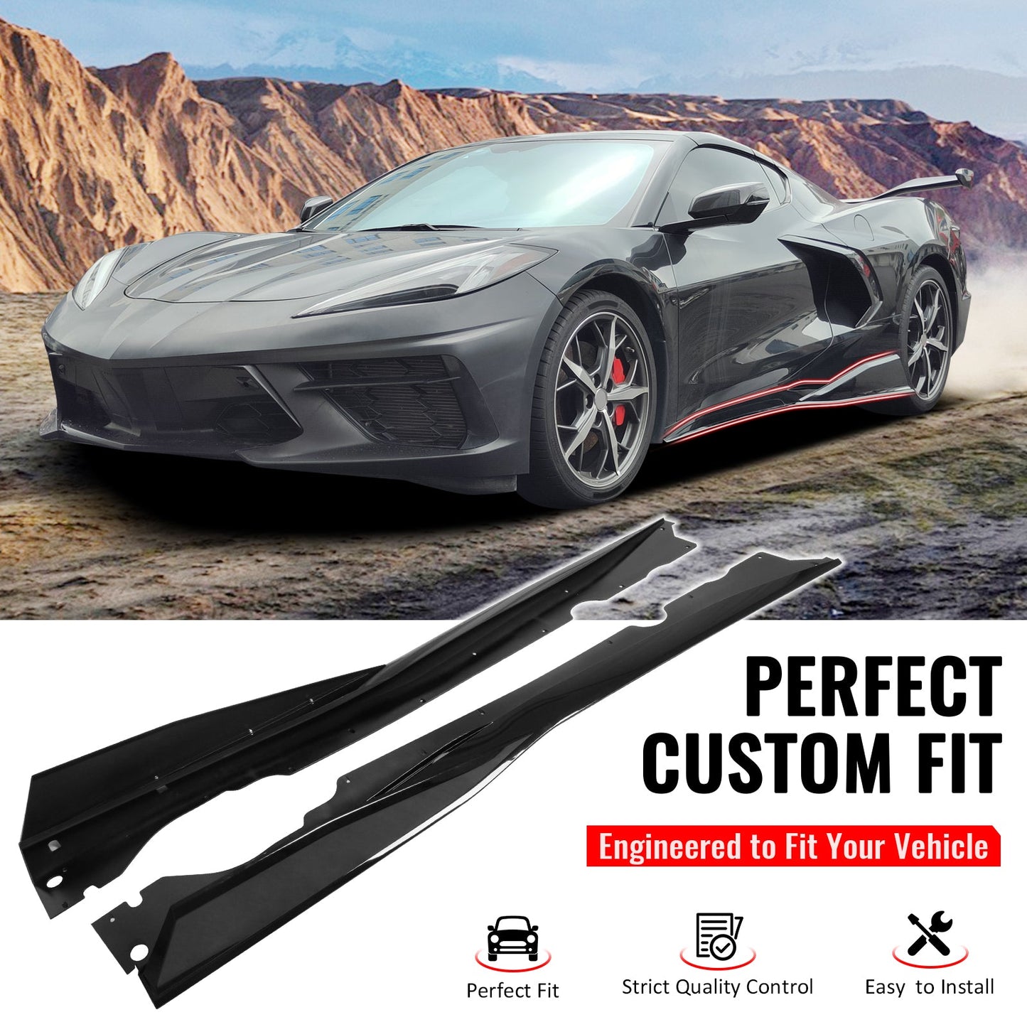 2020-2025 Chevy Corvette C8 IKON V1 B Style Gloss Black Side Skirts PP