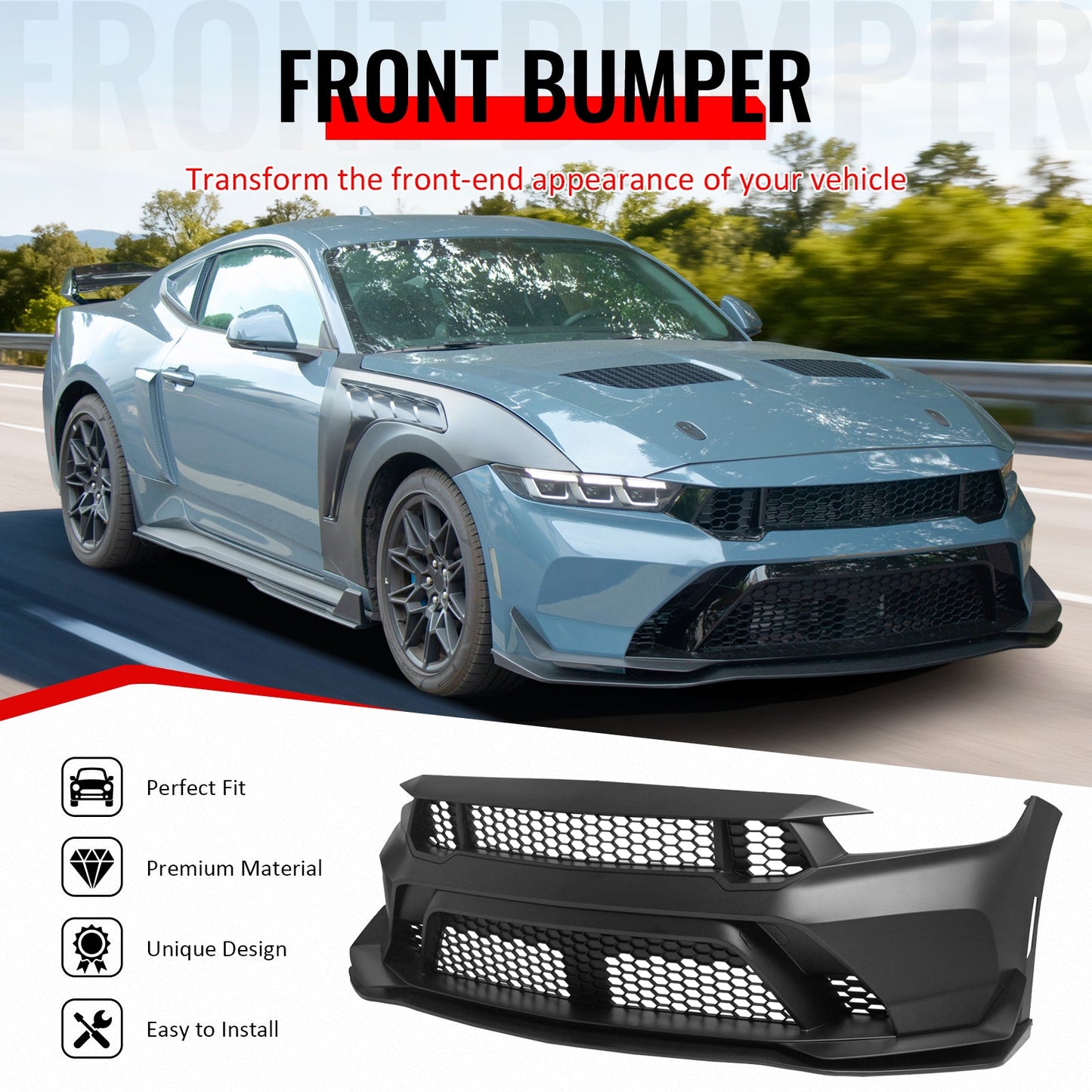 2024-2026 Ford Mustang GTD Style Front Bumper Cover w/ Matte Black Lip