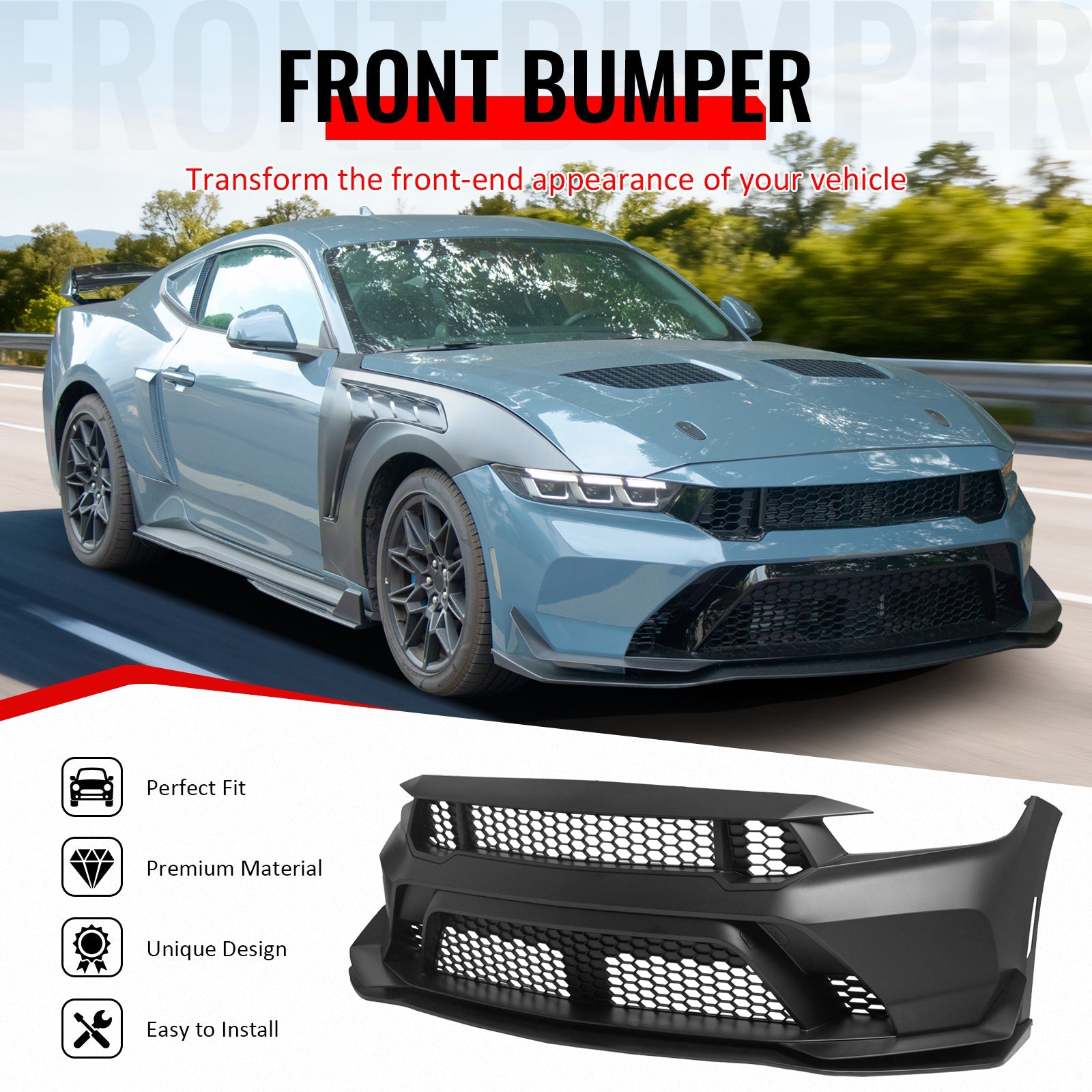 2024-2026 Ford Mustang GTD Style Front Bumper Cover w/ Matte Black Lip