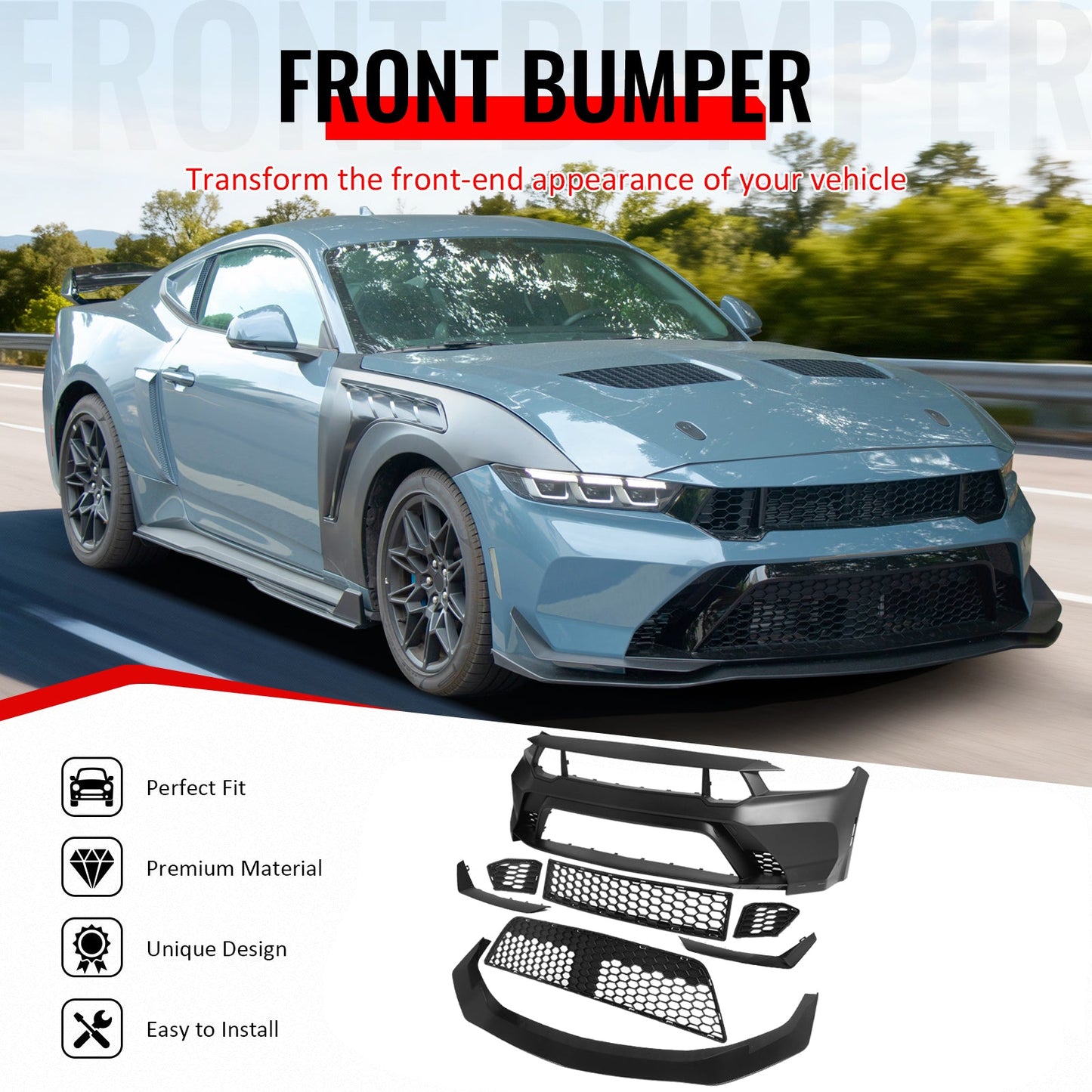 2024-2026 Ford Mustang GTD Style Front Bumper Cover w/ Gloss Black Lip