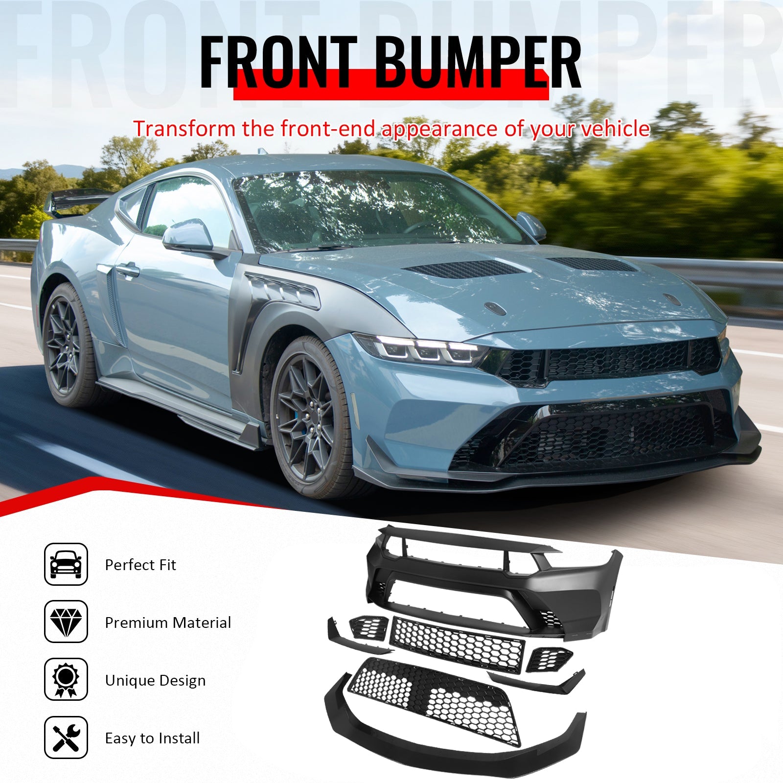 2024-2026 Ford Mustang GTD Style Front Bumper Cover w/ Gloss Black Lip