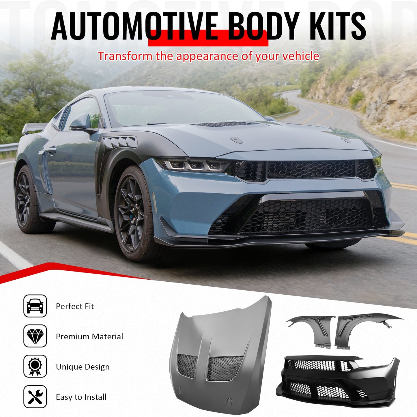 24-26 Mustang GTD Style Front Bumper Cover + Hood + Fender (Matte Lip)