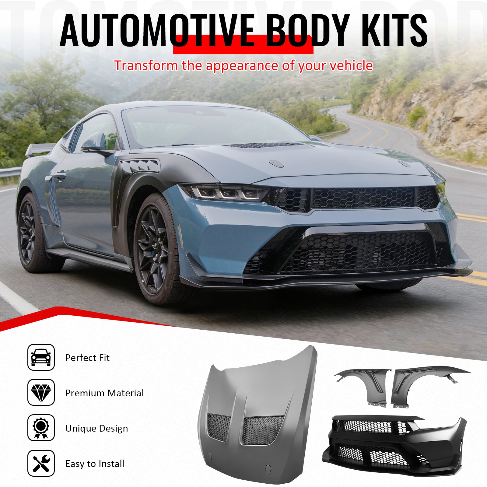24-26 Mustang GTD Style Front Bumper Cover + Hood + Fender (Matte Lip)