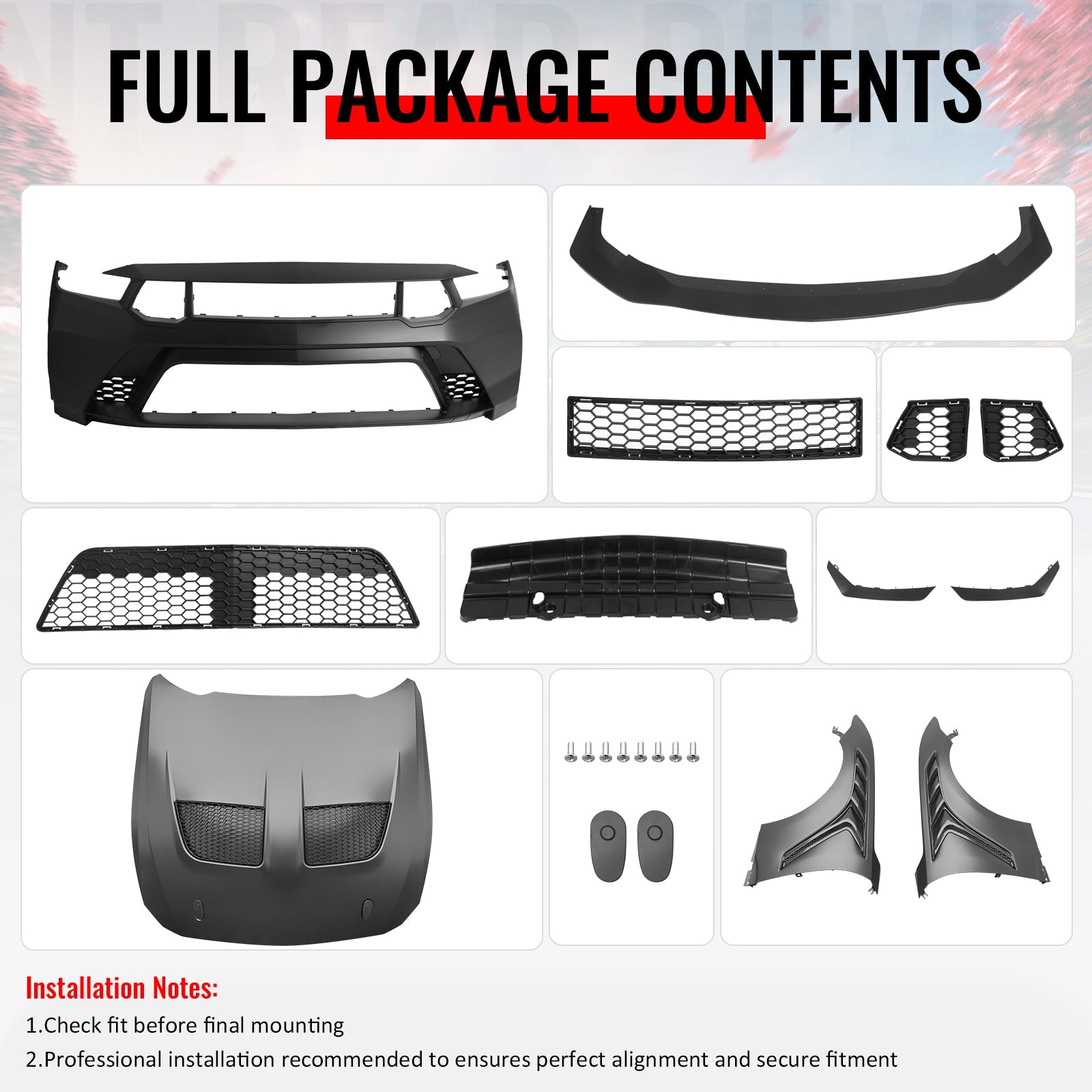24-26 Mustang GTD Style Front Bumper Cover + Hood + Fender (Matte Lip)