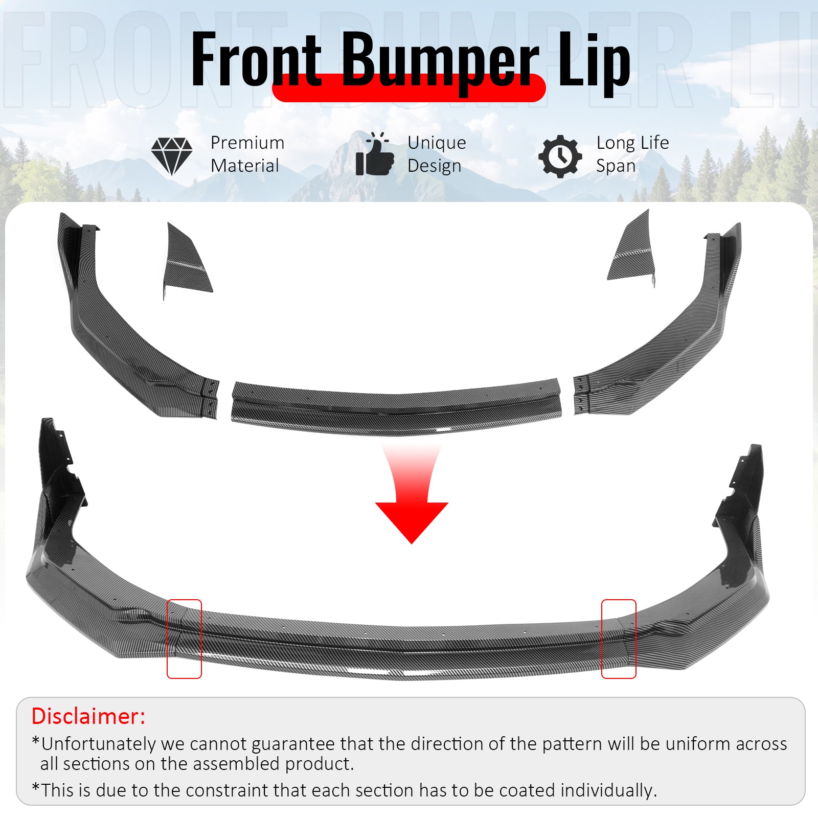 2024-2026 Ford Mustang Front Bumper Lip 5PC Carbon Fiber Print Spoiler