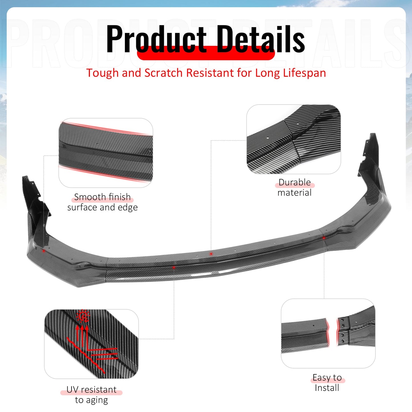 2024-2026 Ford Mustang Front Bumper Lip 5PC Carbon Fiber Print Spoiler