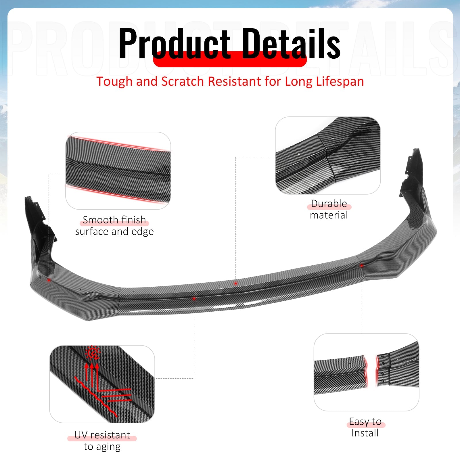2024-2026 Ford Mustang Front Bumper Lip 5PC Carbon Fiber Print Spoiler