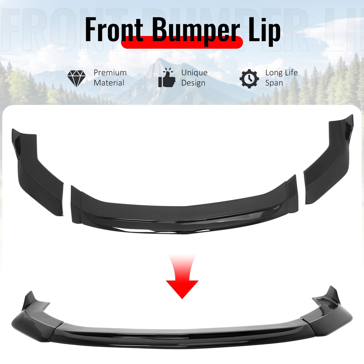 2024-2026 Ford Mustang Ecoboost GT V2 Style Front Lip Gloss Black 3PCS