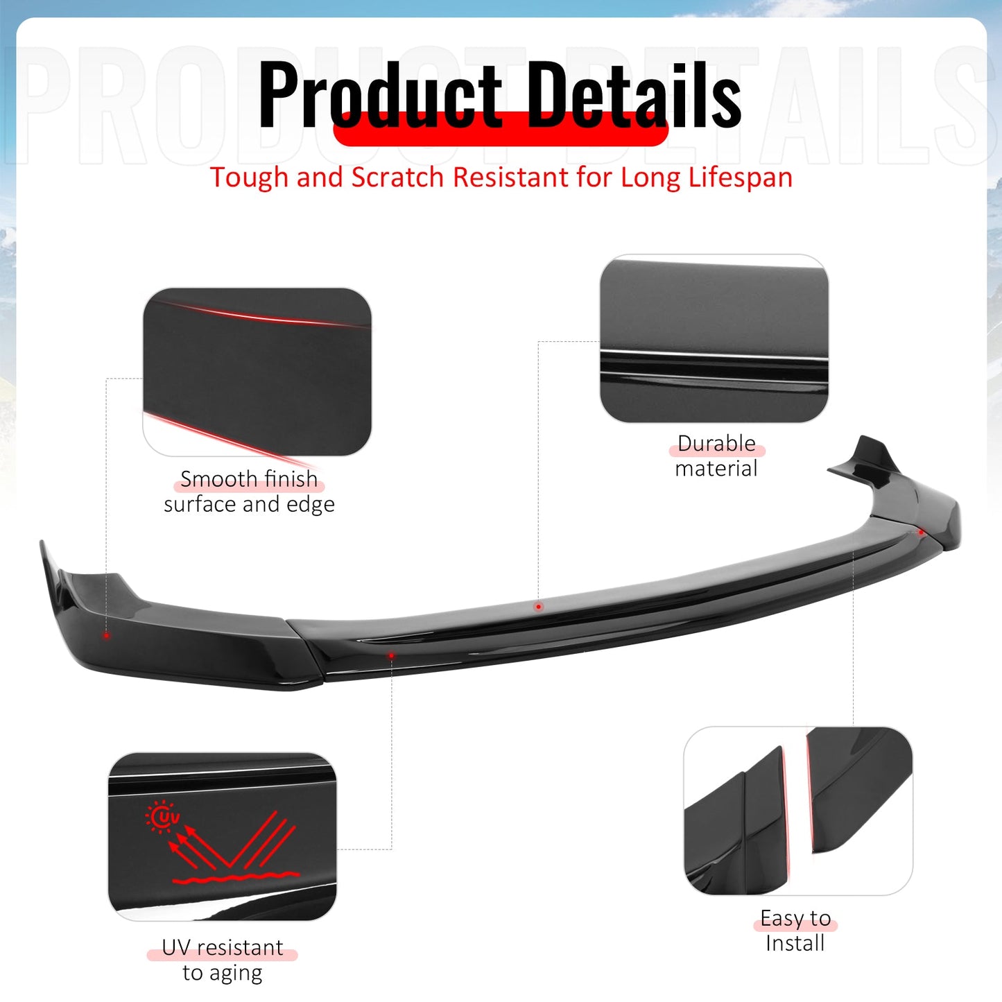 2024-2026 Ford Mustang Ecoboost GT V2 Style Front Lip Gloss Black 3PCS