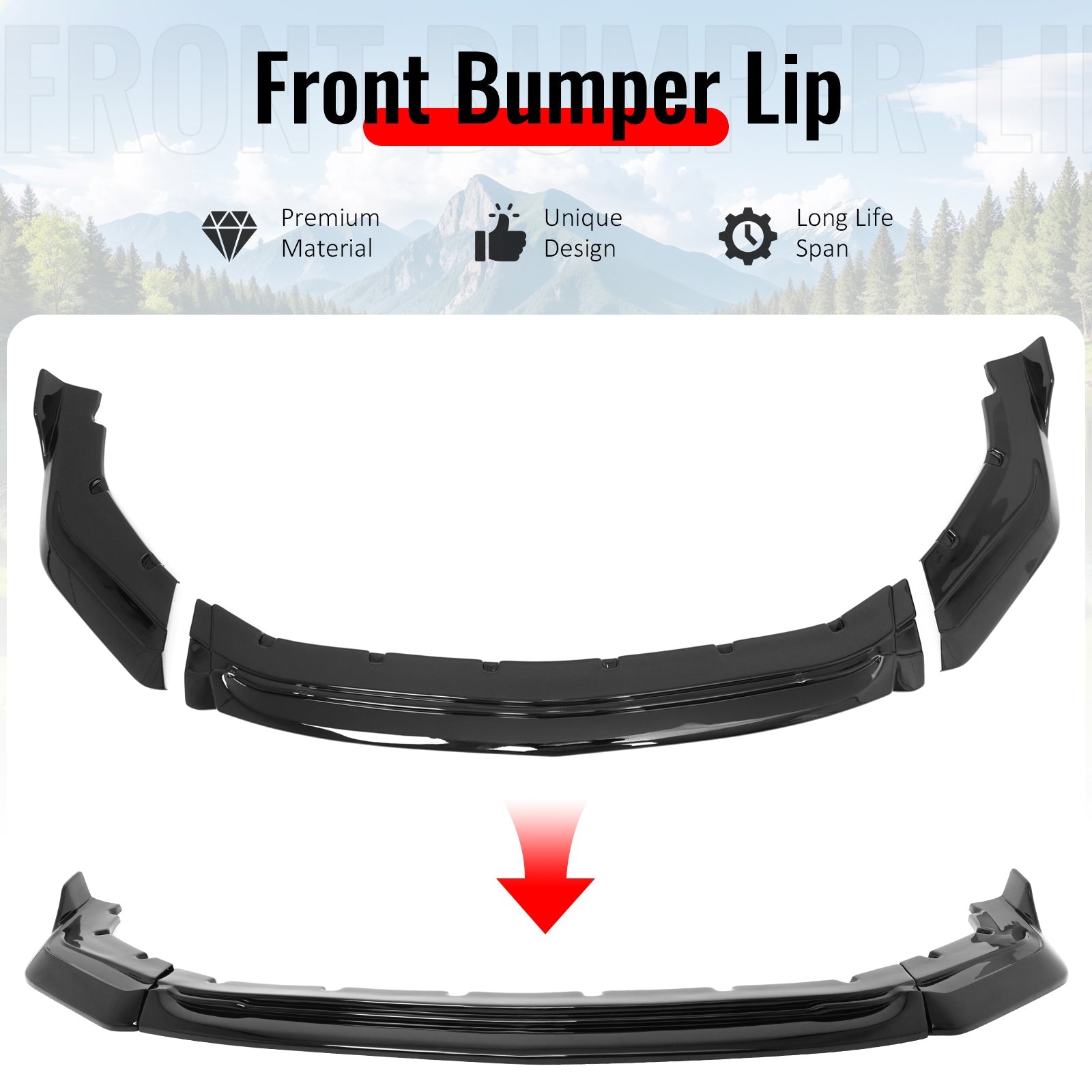 2024-2026 Ford Mustang IKON Style Front Bumper Lip Gloss Black ABS 3PC