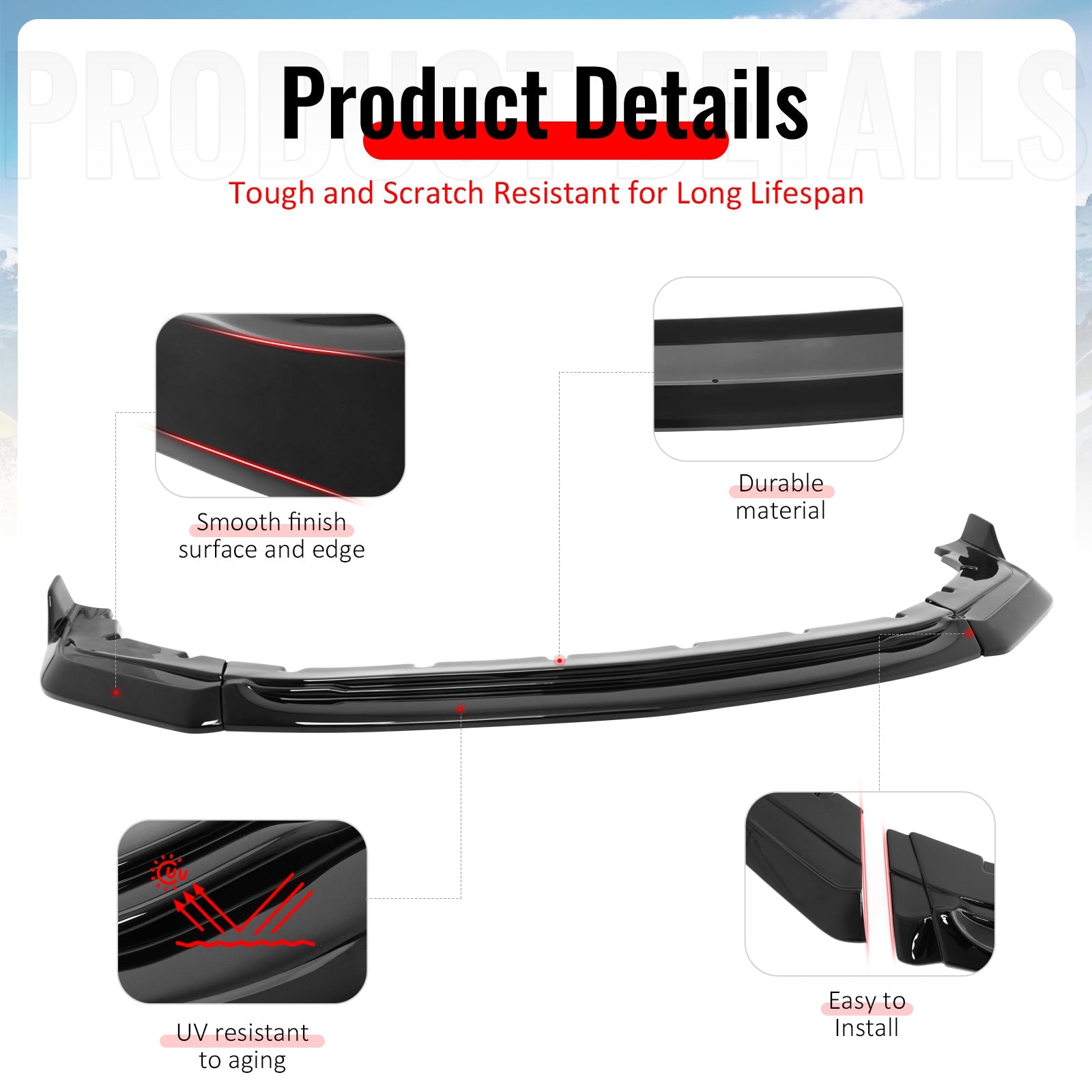 2024-2026 Ford Mustang IKON Style Front Bumper Lip Gloss Black ABS 3PC