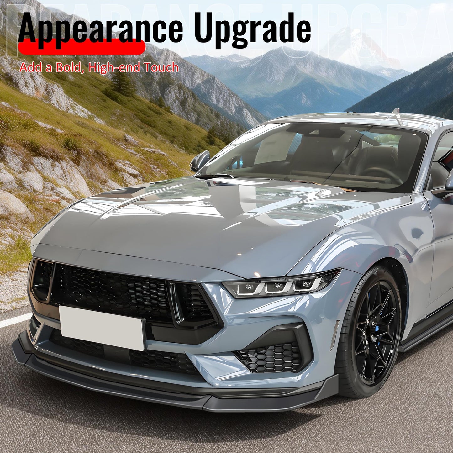 2024-2026 Ford Mustang IKON Style Front Bumper Lip Gloss Black ABS 3PC