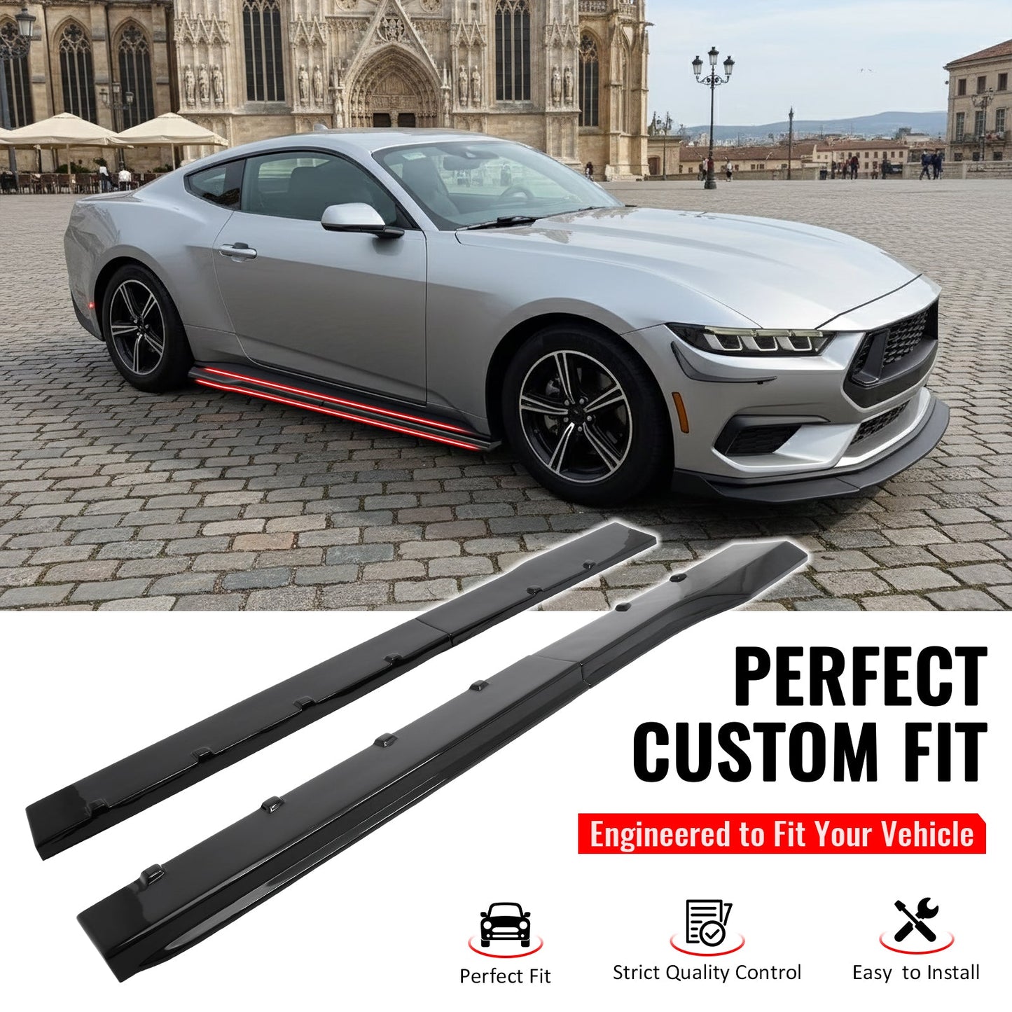 2024-2026 Ford Mustang R Style Gloss Black Side Skirts Panel ABS Pair