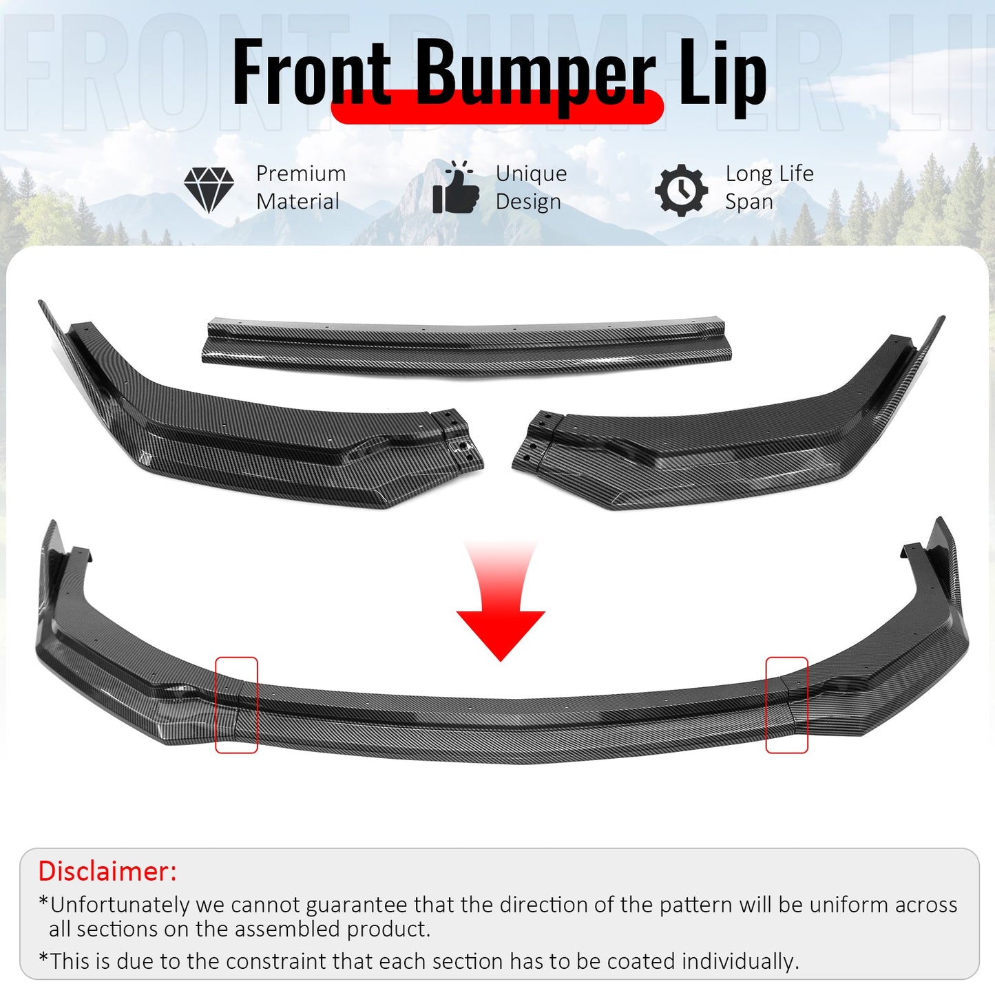 2024-2026 Ford Mustang Front Bumper Lip 3PC Carbon Fiber Print Spoiler