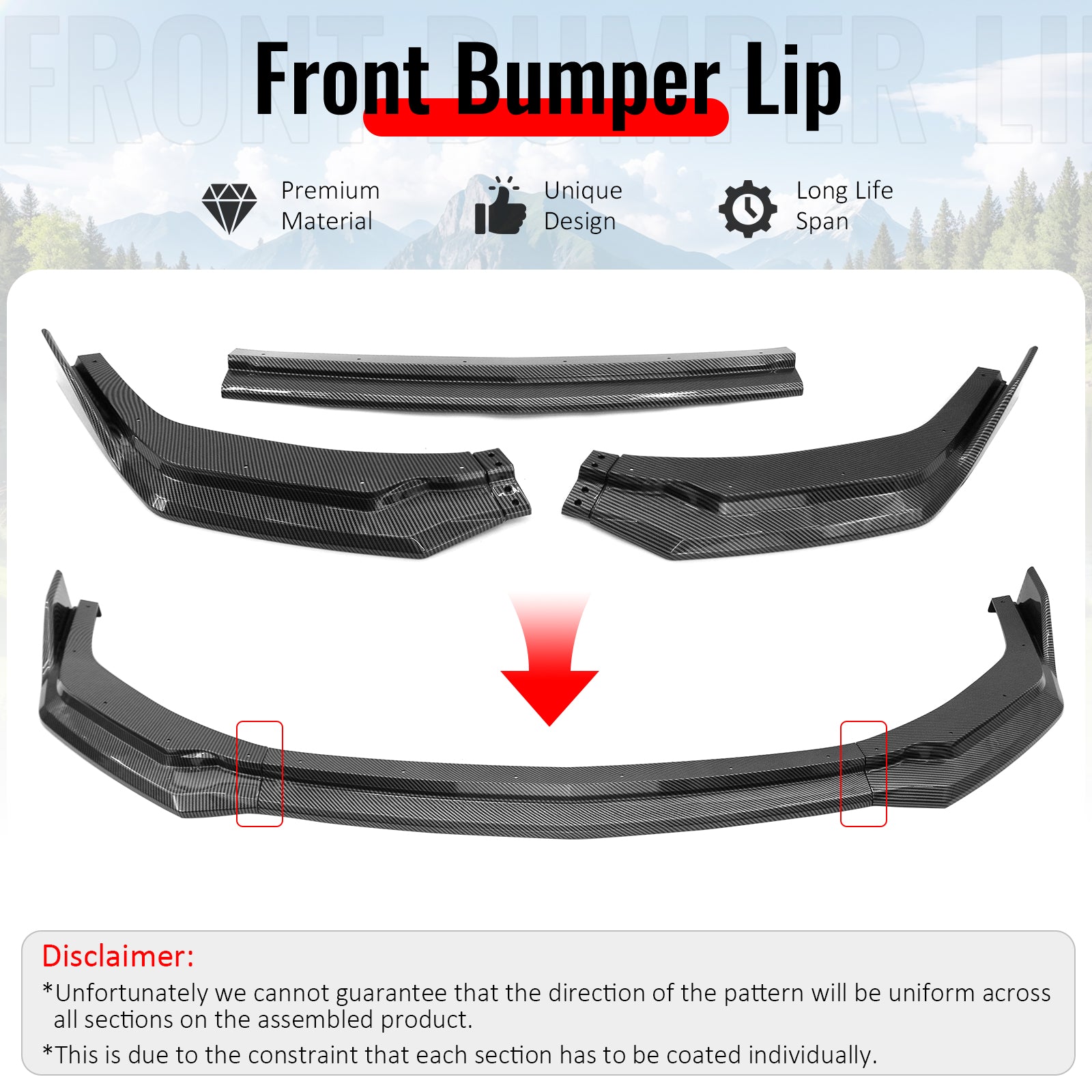 2024-2026 Ford Mustang Front Bumper Lip 3PC Carbon Fiber Print Spoiler