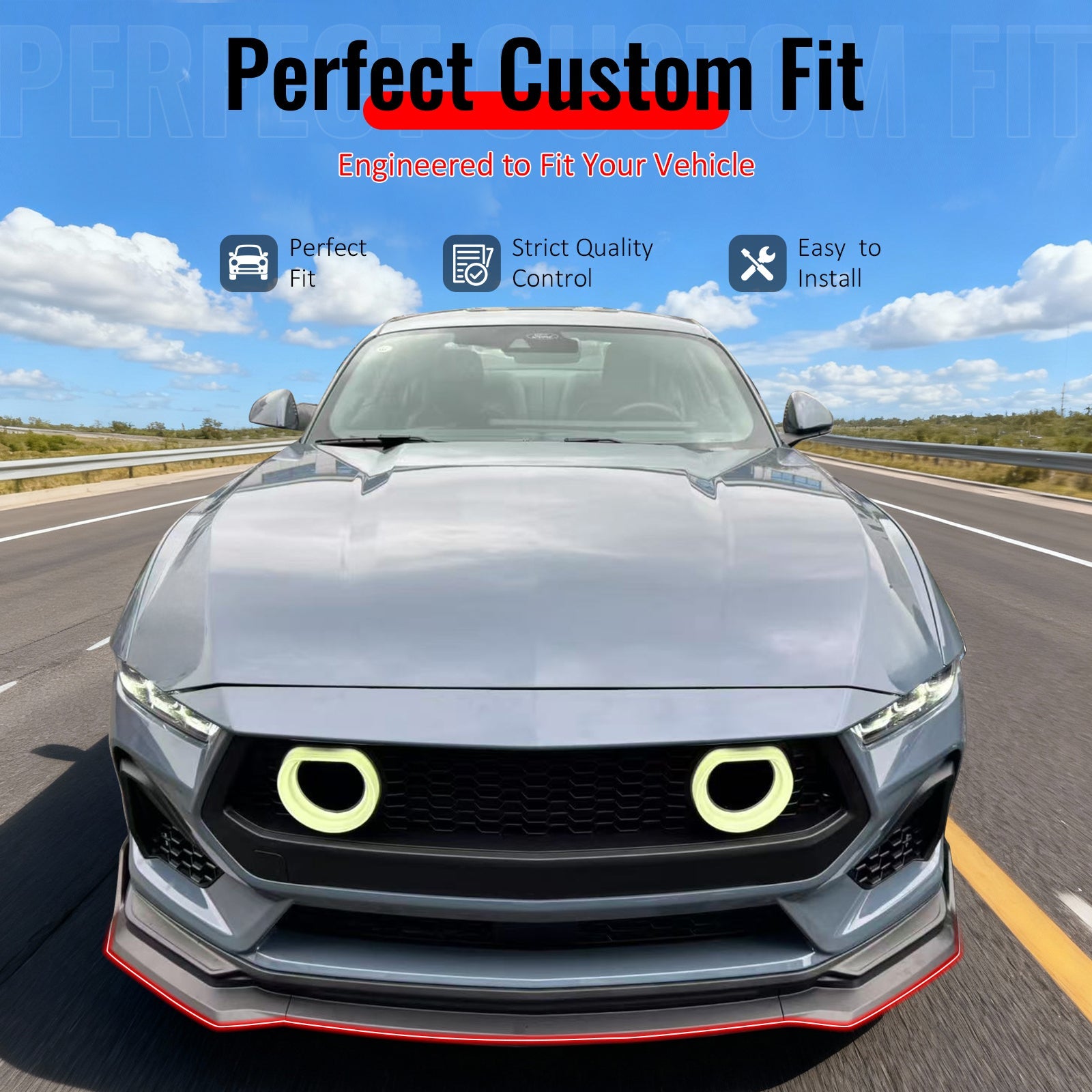 2024-2026 Ford Mustang Front Bumper Lip 3PC Gloss Black ABS Spoiler