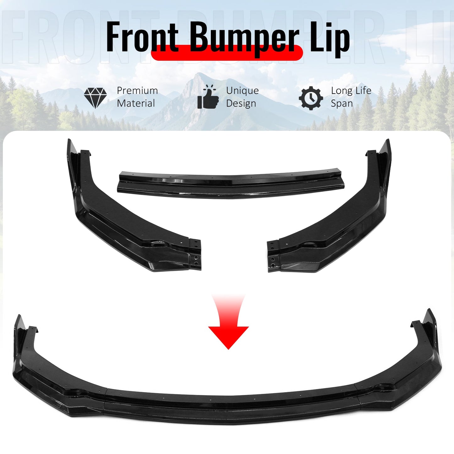 2024-2026 Ford Mustang Front Bumper Lip 3PC Gloss Black ABS Spoiler