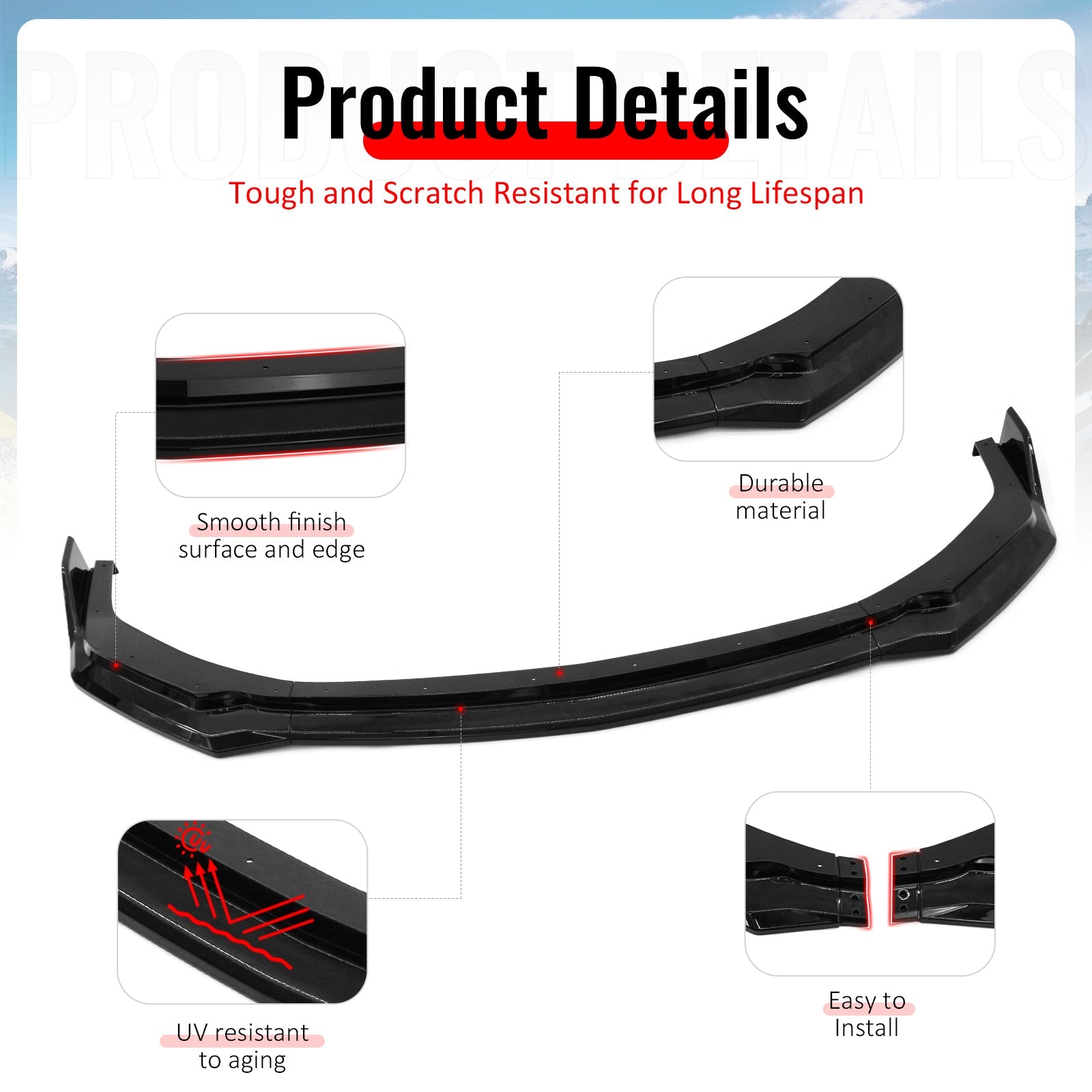 2024-2026 Ford Mustang Front Bumper Lip 3PC Gloss Black ABS Spoiler
