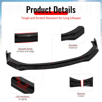 2024-2026 Ford Mustang Front Bumper Lip 3PC Gloss Black ABS Spoiler
