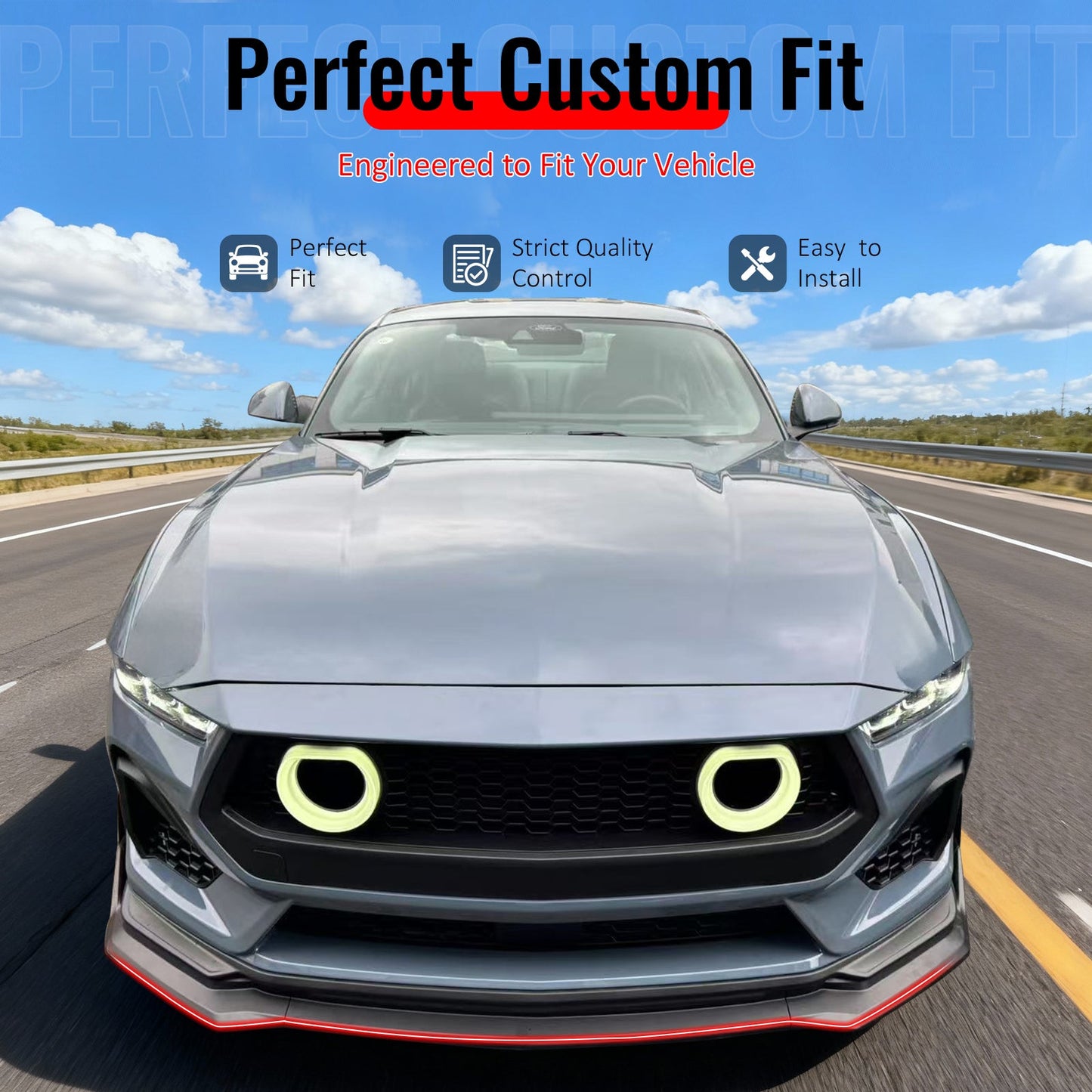 2024-2026 Ford Mustang Front Bumper Lip 5PC Gloss Black ABS Spoiler