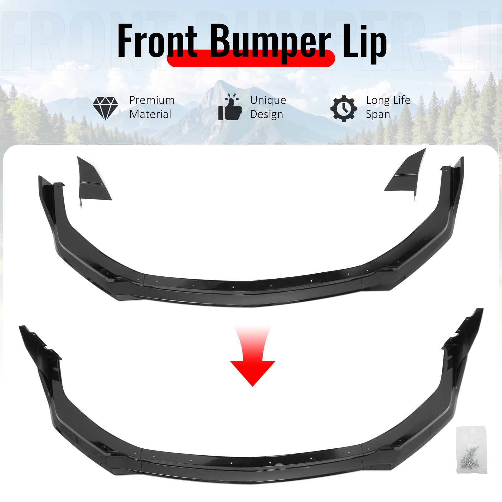 2024-2026 Ford Mustang Front Bumper Lip 5PC Gloss Black ABS Spoiler