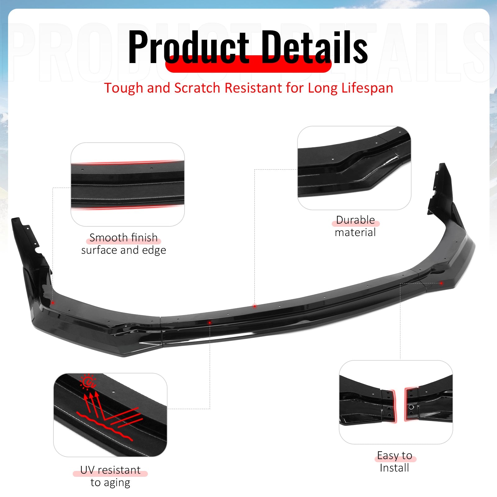 2024-2026 Ford Mustang Front Bumper Lip 5PC Gloss Black ABS Spoiler