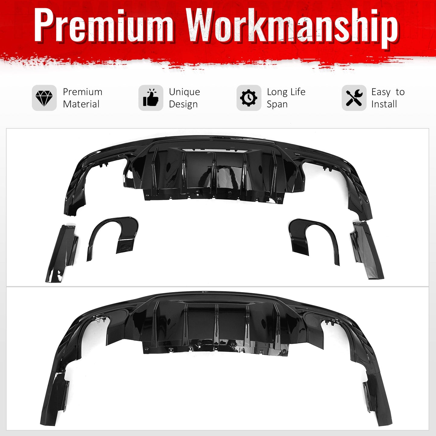 2024-2026 Ford Mustang Rear Diffuser Rock Style Gloss Black