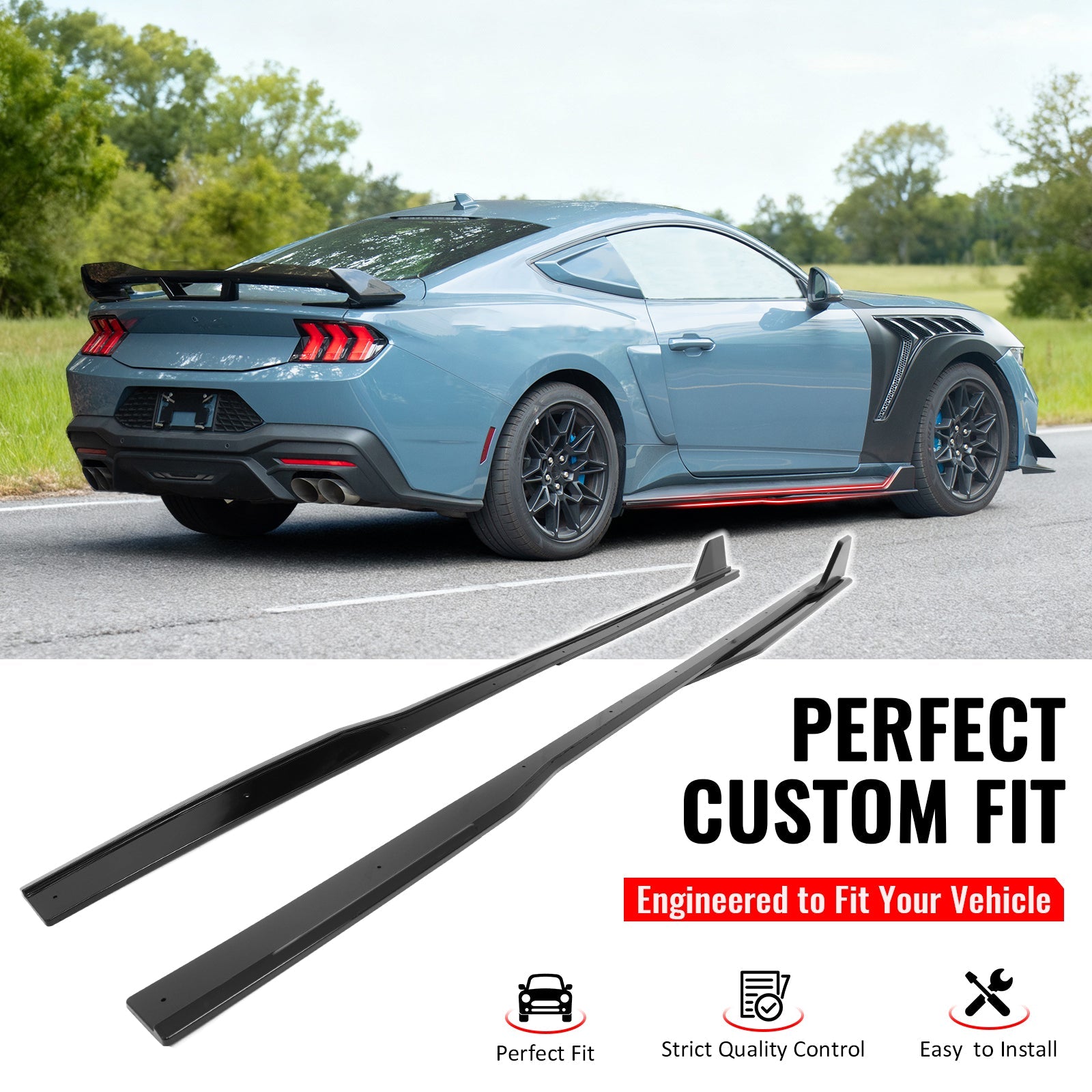 2024-2026 Ford Mustang Side Skirt GT500 Style Rocker Panel Gloss Black
