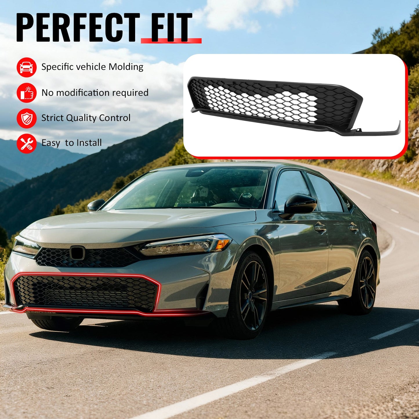 2025-2026 Honda Civic Matte Black Type R Front Bumper Lower Grille ABS