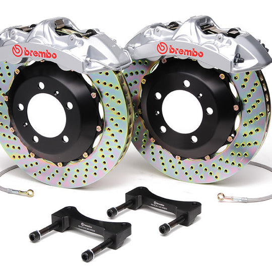 Brembo Gran Turismo 6 Piston Front Brake Kit Silver Drilled Rotors - 2003-2006 Mitsubishi Evo 8/9