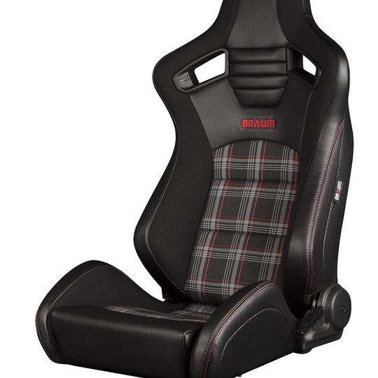 Braum Elite-S Series Sport Seats - Black & Red Plaid (Red Stitching) Pair - Universal