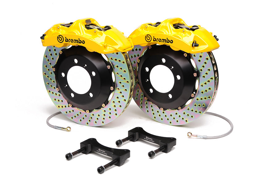 Brembo Gran Turismo 6 Piston Front Brake Kit Yellow Drilled Rotors - 2004-2021 Subaru STI / 2010-2012 Legacy GT/3.5R