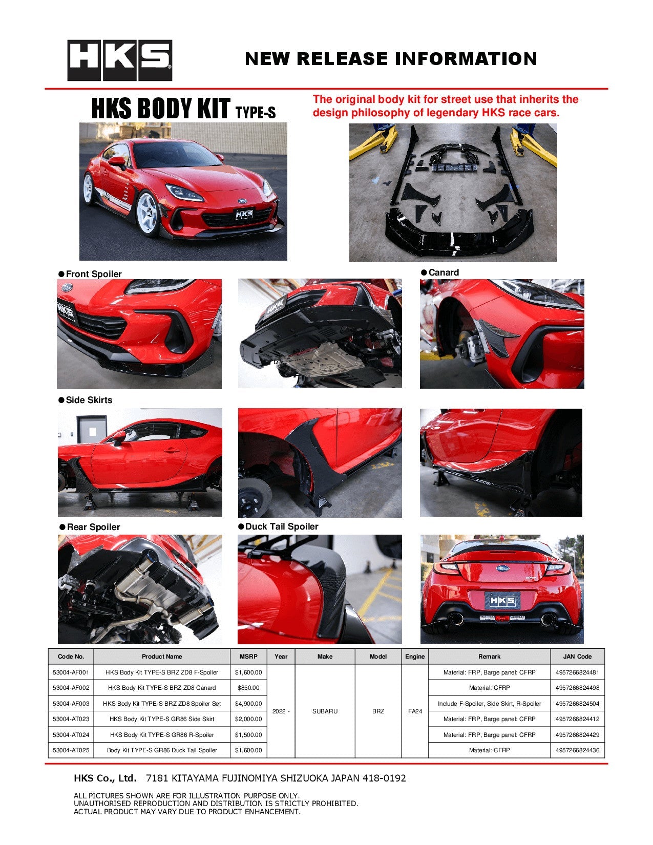 HKS TYPES Complete Body Aero Kit - 2022-2024 Subaru BRZ