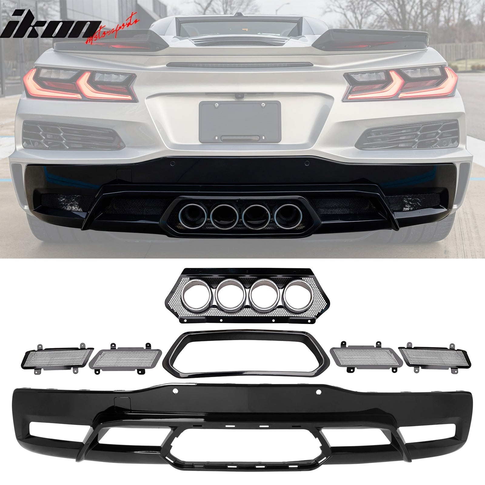 2020-2025 Corvette C8 Front Rear Bumpers Black Exhaust Trunk Spoiler