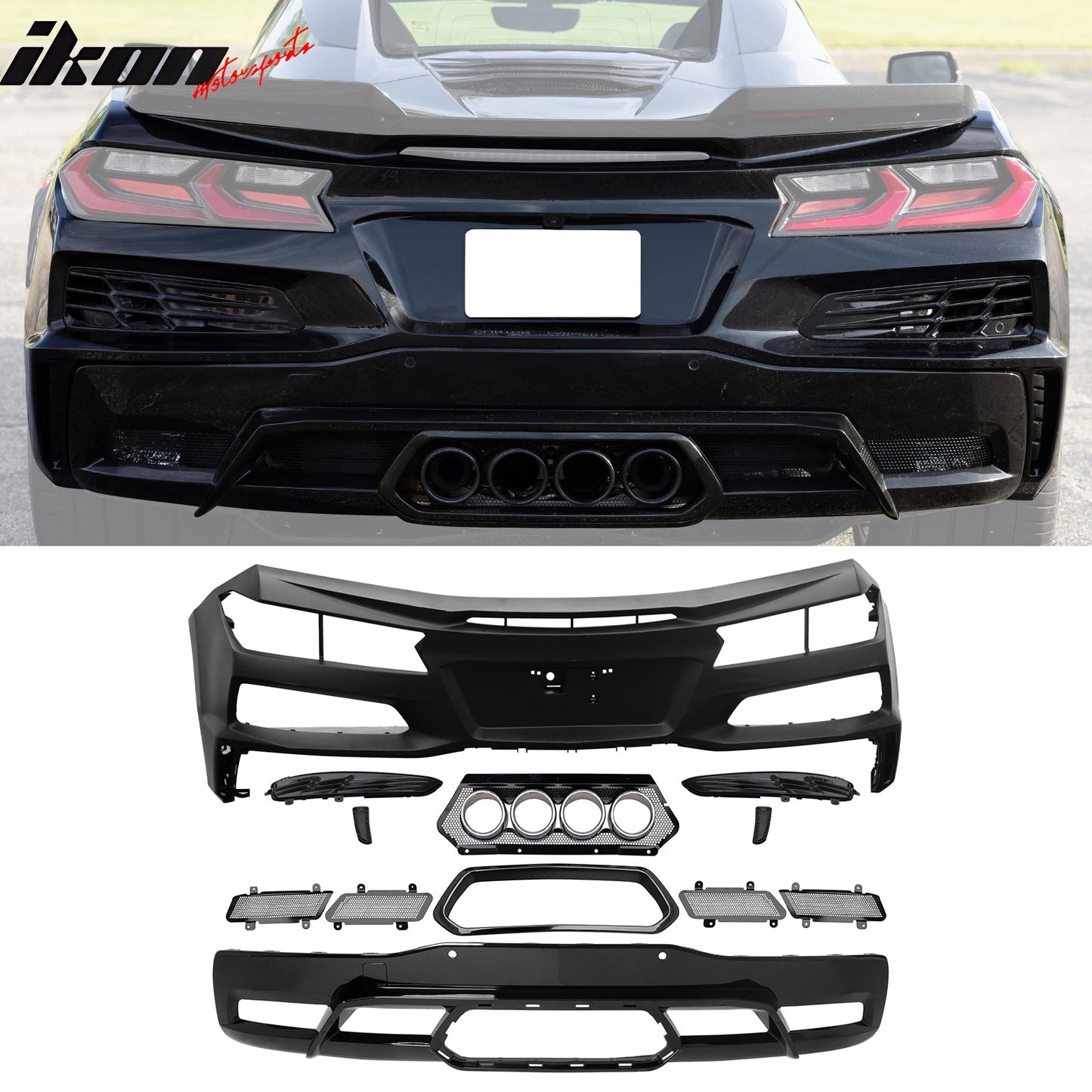 2020-2025 Corvette C8 Front Rear Bumpers Silver Exhaust Trunk Spoiler