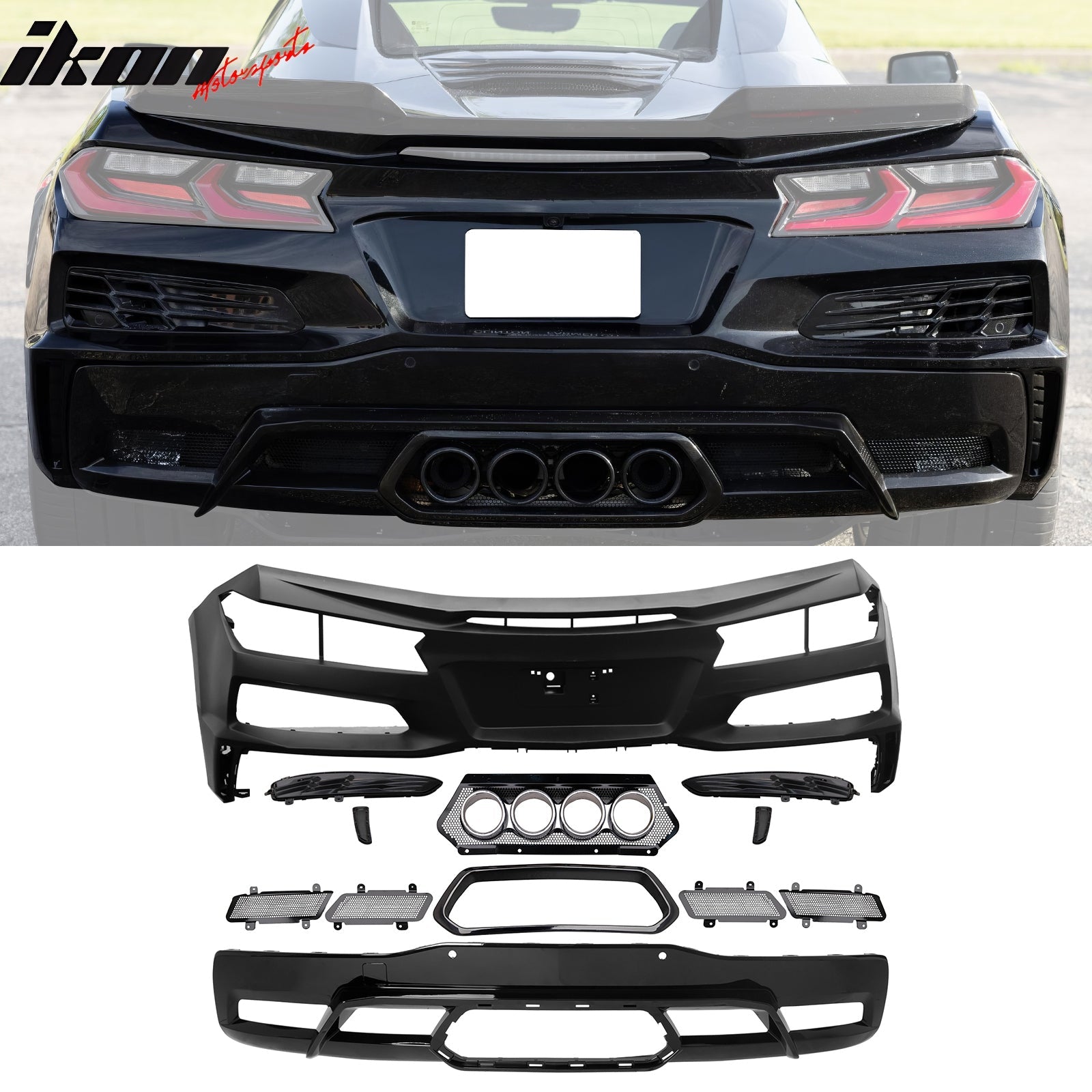 2020-2025 Corvette C8 Front Rear Bumpers Silver Exhaust Trunk Spoiler